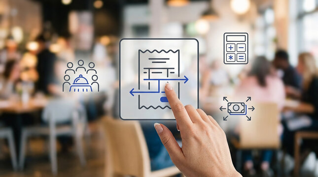 Hand Interacting with Digital Interface for Splitting Restaurant Bills and Calculating Payments in a Busy Modern Cafe Interior Scene Background