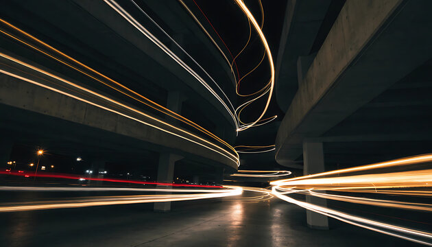 Long exposure photograph captures illuminated roadways beneath a concrete overpass at night architecture asphalt automotive beam blurred bridges cityscape darkness freeway highway illumination