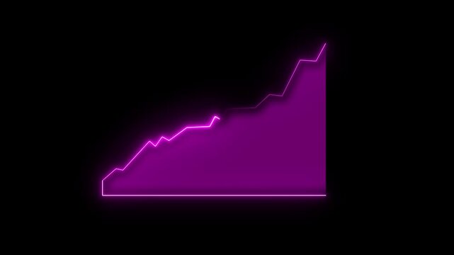 A vibrant magenta neon line graph displaying a jagged upward trajectory against a solid black backdrop, representing financial growth, data trends, and economic progress