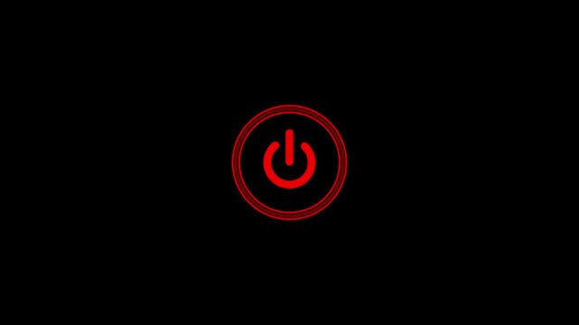 A vibrant red power button symbol with a glowing red outline is prominently displayed in the center of a deep black background, signifying activation, energy, and operational status in a bold and