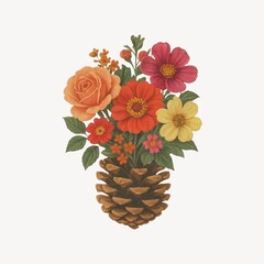Fototapeta premium Floral bouquet pinecone illustration