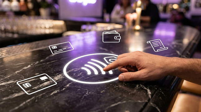 Concept of contactless payment in a modern bar showing a hand interacting with a digital interface for credit card transactions and electronic bills.