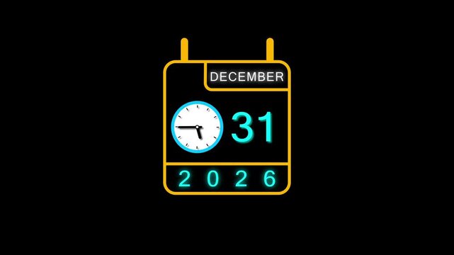 4K calendar 31 December 2026 animation. clock and black background clean and stunning 4k animation.