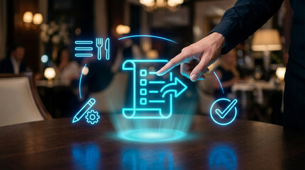 Fototapeta premium Futuristic Digital Holographic Menu Interface with Waiter Hand Interacting with Food Order Selection System in an Upscale Luxury Restaurant Setting
