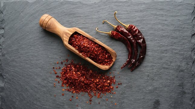 A wooden scoop filled with crushed flame-aleppo pepper flakes next to whole dried chili peppers on a dark slate background, ideal for spicy culinary concepts.