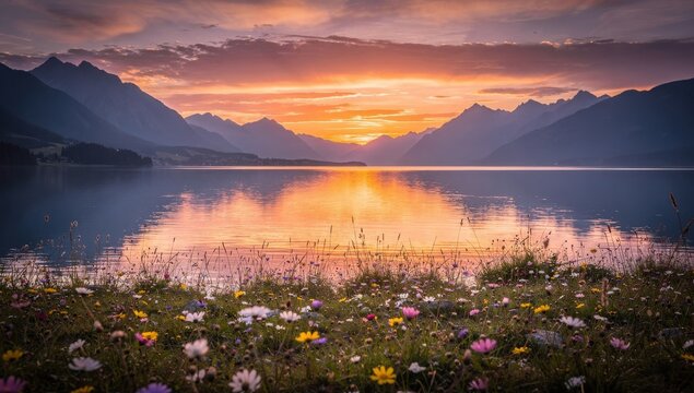 Wildflowers bloom along the peaceful shoreline of a calm alpine lake during a dramatic sunset over distant mountains.