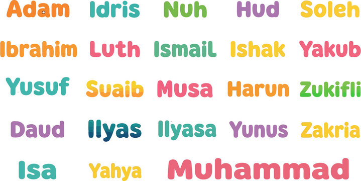 Islamic Prophets Names Colorful Text - Adam, Muhammad, Musa, Isa