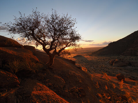 Granite peaks and natural arch at sunset in Spitzkoppe, copy space