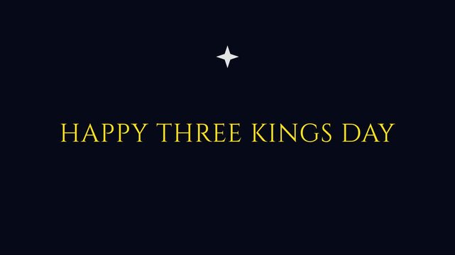 Happy three kings day celebration greeting card animation with gold typography and glowing star on dark 4k background
