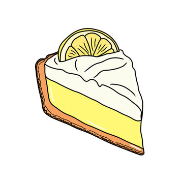 Slice of lemon pie with whipped cream and lemon wedge vector illustration