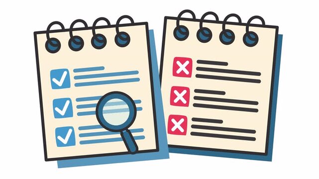 Approved and rejected spiral pad checklist with checkmarks, cross marks, and magnifying glass icon isolated on an alpha channel with top spiral notebook audit data validation cartoon animation.