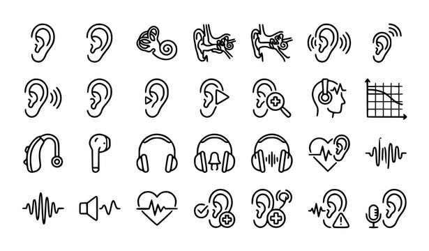 Hearing and Ear Thin Line Icons Set for Healthcare and Medical Design