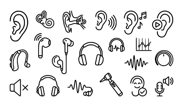 Ear Anatomy Hearing and Audio Outline Icons Thin Line Vector Collection