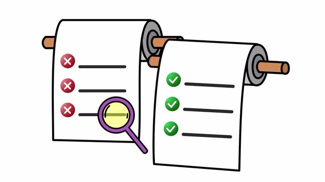 Paper scrolls checklist comparison with checkmarks, cross marks, and magnifying glass cartoon animation for document audit concept and data validation symbol isolated on an alpha channel.
