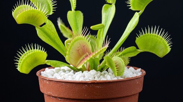 Macro Studio Portrait of Venus Flytrap Carnivorous Plant on Black Background