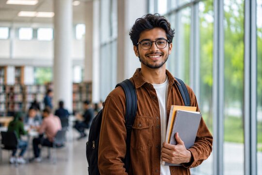 Smiling South Asian Male University Student With Books and Backpack in Campus Library