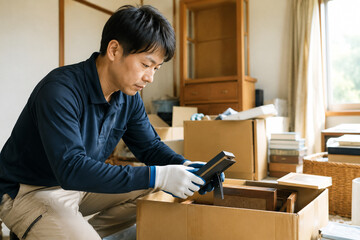 遺品整理で荷物を箱詰めする男性作業員