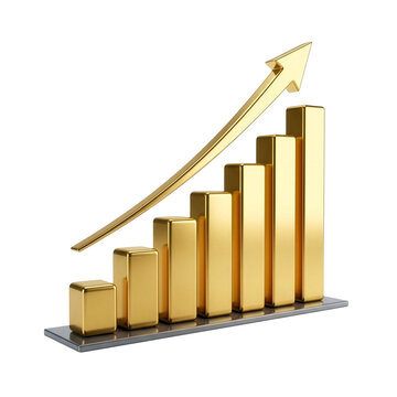 Golden 3D bar chart with upward arrow representing financial growth success and business profit