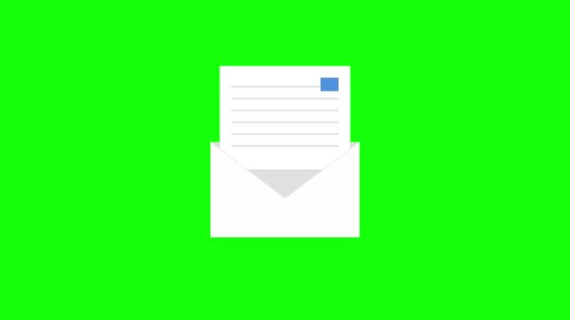 Envelope opening and letter sliding out animation on green screen background.