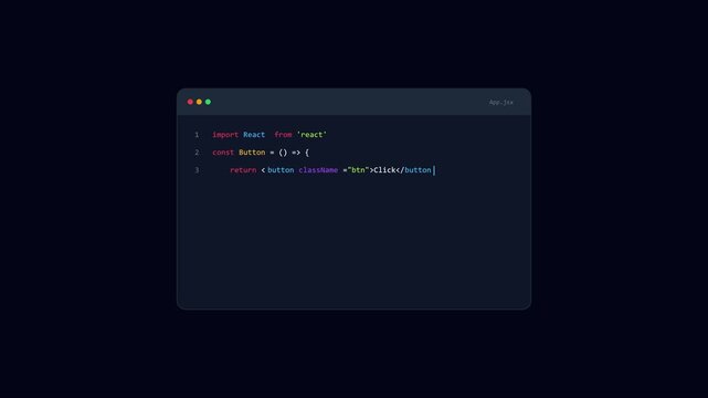 React programming code editor interface displaying java script component development on dark animation 4k background