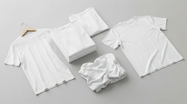 Blank white t-shirt mockup collection featuring folded, hanging, crumpled, and flat lay styles on a clean grey background for apparel design presentation
