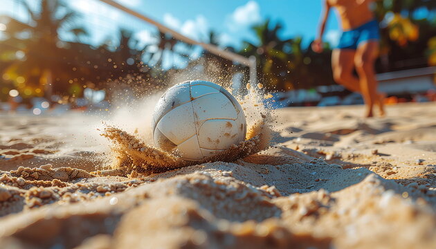 Beach volleyball action shot with a player blurred in the background and sand flying
