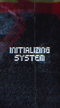 Initializing System Glitch Text Animation on Black Background. Experience a mesmerizing 4K animation of a retro-style computer display initializing a system with glitch effects.