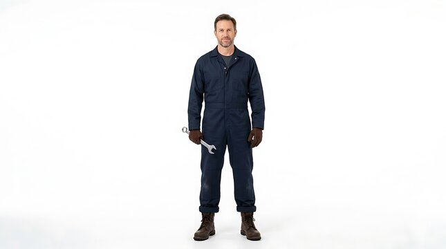 Mechanic in blue overalls holding a wrench, ready for work on white background