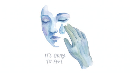 Naklejka premium Watercolor illustration of a sad face with teardrop and hand for mental health awareness concept