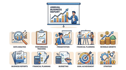 Fototapeta premium Business Growth and Strategy Icons: Report, Analysis, Planning, Budgeting, Revenue, Goal