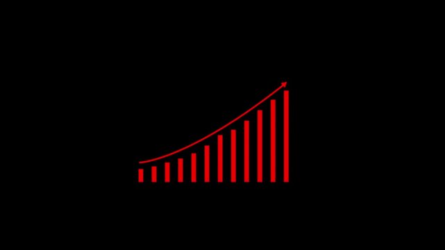 A vibrant red bar graph with a sharp upward trending curved arrow against a solid black background representing financial success and economic advancement