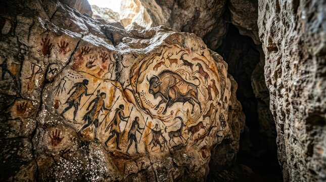 Ancient cave painting of hunting scene and bison