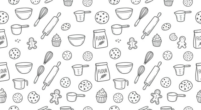 Baking supplies pattern, hand-drawn illustration