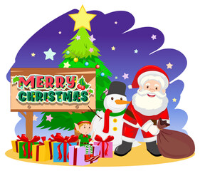 Fototapeta premium Santa claus, snowman, elf, and christmas tree with presents on a white background