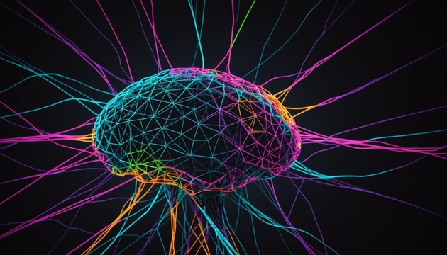 Concept of deep learning neural network model in a neon-lit dark background