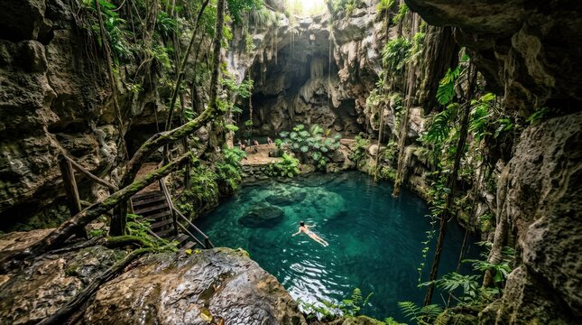 Person swimming in natural cenote pool under sunlight