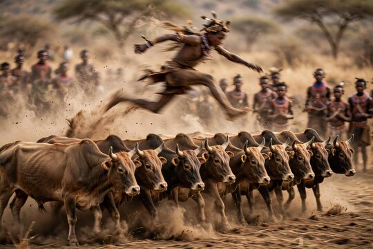 Dynamic illustration of a Hamar tribesman from the Omo Valley in Ethiopia performing the traditional bull jumping initiation ceremony by running over the backs of cattle in a dusty savanna