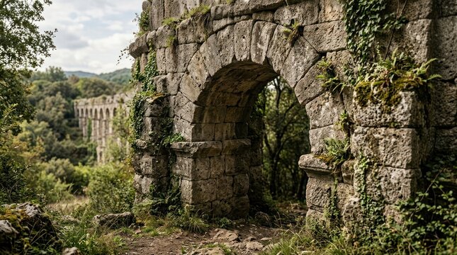 Ancient stone archway overgrown with vegetation