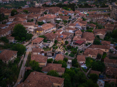 Aerial view of the historic Ottoman-era stone houses with terracotta tiled roofs in the old town of Berat, Berat County, Albania.