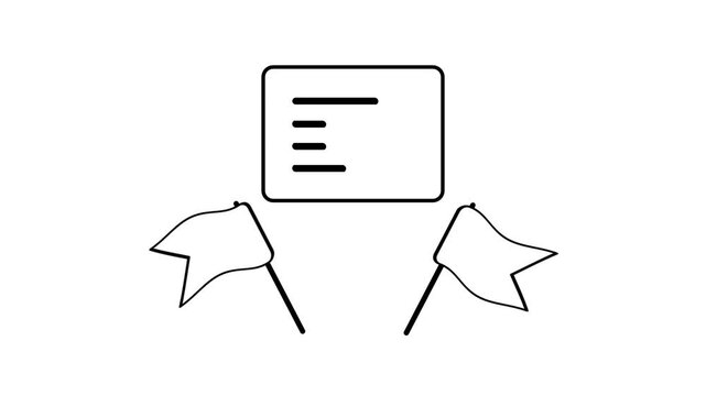 Line icon of two flags flanking a document with text lines representing comparison analysis reporting and side by side performance review data concept