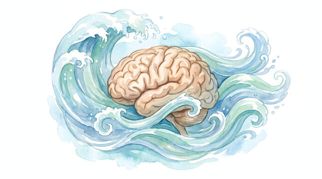 Watercolor brain illustration floating amidst serene ocean waves symbolizing mental health concepts