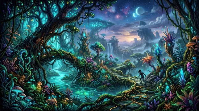 Enchanted forest landscape with mystical glowing flora