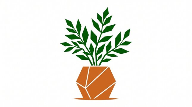 Flat Design Geometric Potted Plant with Orange Planter and Green Leaves