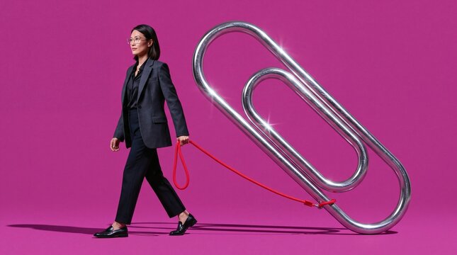 Businesswoman Walking Giant Paperclip on Leash Concept