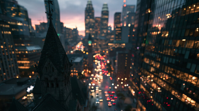 Aerial View of Modern City Skyline and Traffic at Dusk