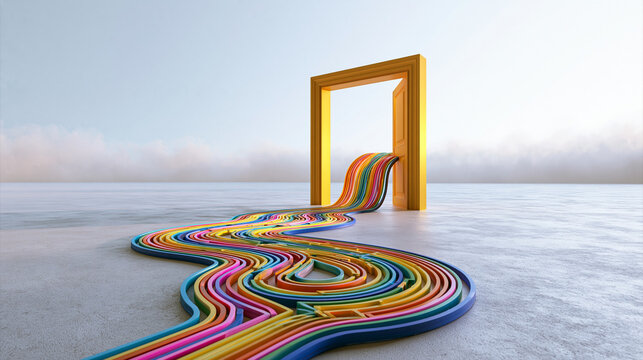 Open Door with Colorful Winding Pathway in Abstract Landscape