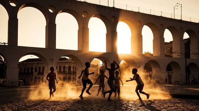 Children Playing by Historic Arcos da Lapa at Sunset