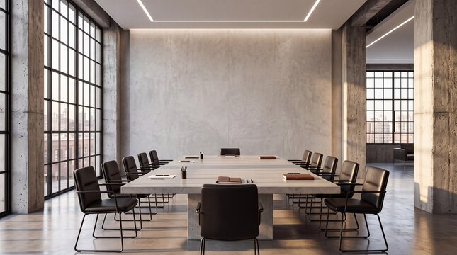Modern Empty Boardroom with Concrete Wall and Large Table