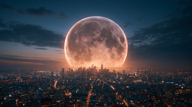 Giant Full Moon Rising Behind Illuminated City Skyline