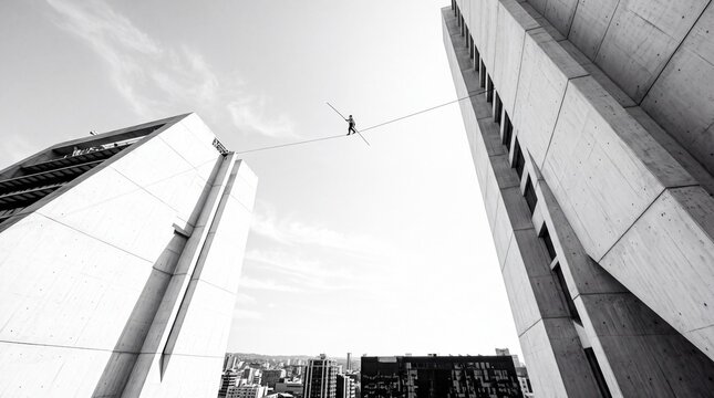 Tightrope Walker Balancing Between Modern City Skyscrapers